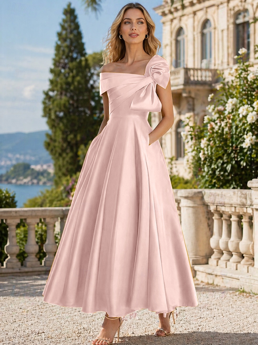 A-Line Ankle Length Cocktail Dresses Party Dresses Elegant Silky Short Sleeve One Shoulder Wedding Formal Pink Dress Satin with Bow(s) 2026 - $149.99 –P17