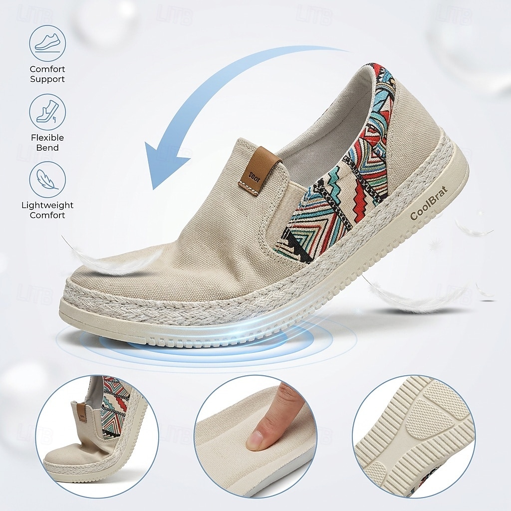 Alpargatas masculinas bege sem cadarço – mocassins casuais respiráveis, calçados leves de verão com estampa étnica para férias, praia, resorts e momentos de lazer. de 2026 por $26.99 –P3