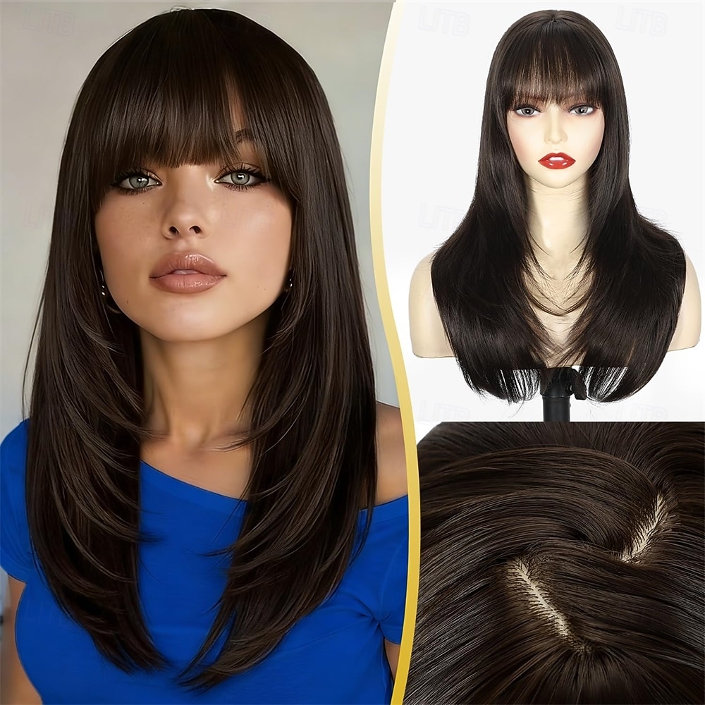 Straight Layered Wig with Bangs Realistic Scalp Heat Resistant Synthetic 20Inch Red and Black Ombre Wig With Bangs | 20-inch Straight  main image 3