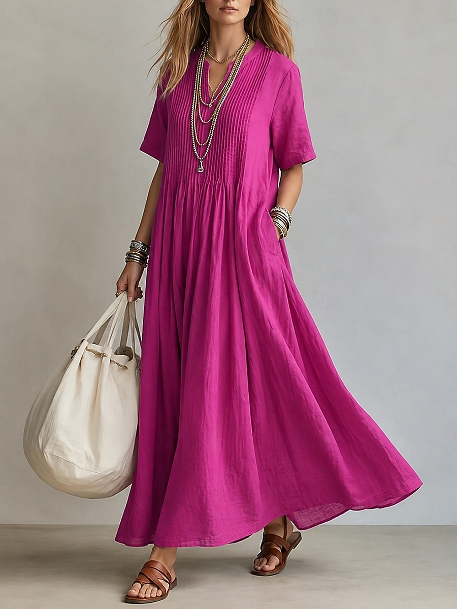 abito lungo da donna elegante stile bohémien boho con pieghe, scollo a V, maniche corte, vestibilità ampia, tinta unita, blu chiaro, azzurro, giallo, verde chiaro, estate primavera del 2026 a $15.49 –P2