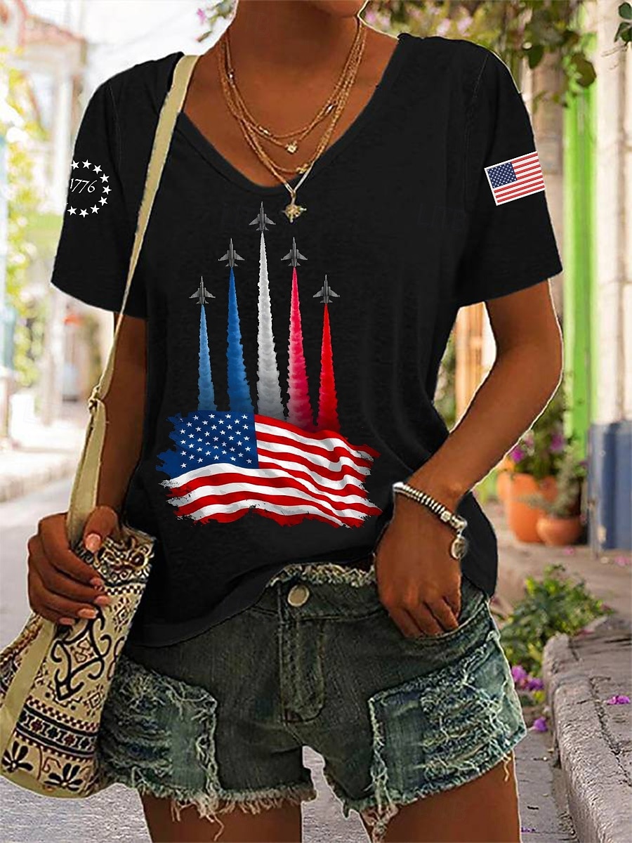 Amerikanska självständighetsdagen Dam T-shirt Mönster Grafisk Bokstav Amerikanska flaggan Vintage Stylish Klassisk Kortärmad V-hals Vanliga toppar Ledigt Dagligen Svart Vit Rubinrött Sommar Vår 2026 - $21.99 –P1