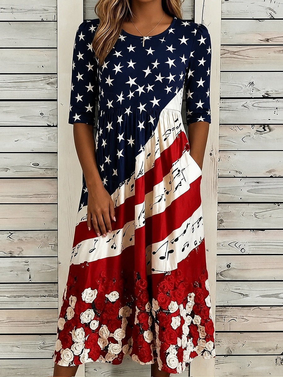 Women's Midi Dress Shift Dress Vacation Casual Holiday Regular Fit Graphic Flag Half Sleeve Crew Neck Blue White Red Summer Spring 2026 - $33.99 –P4