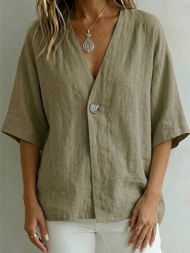 Women's Shirt Blouse Plain Bohemia Half Sleeve V Neck Regular Tops Blue White Pink Brown Green Summer Spring 2026 - $27.99 –P3
