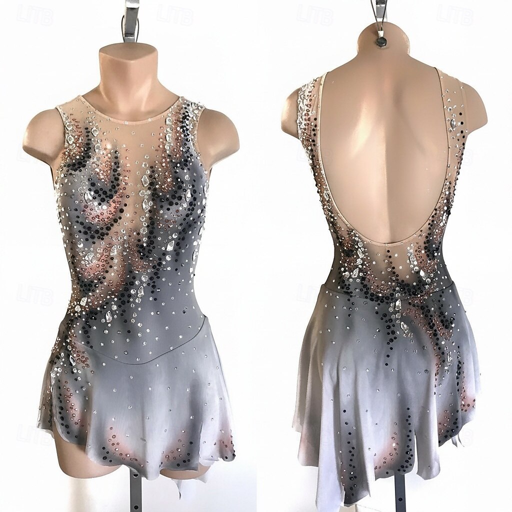 Figure Skating Dress Women's Ice Skating Skirt Dress Light Grey Patchwork Open Back Stretchy Training Competition Skating Wear Classic Crystal / Rhinestone Sleeveless Ice Skating Figure Skating 2026 - $477.99 –P1