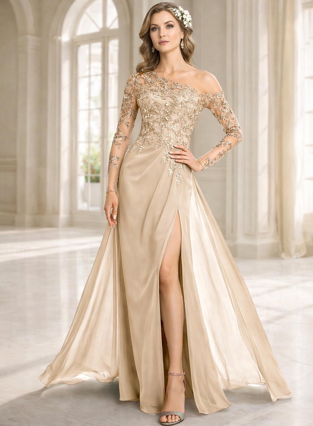 Funda Columna Vestidos Hasta el Suelo Vestido Invitada Boda Vestido formal Vestido de noche Vestido de Madrina Manga Larga Un Hombro Elegante Formal Gasa con Encaje Un Color 2026 - $212.79 –P14