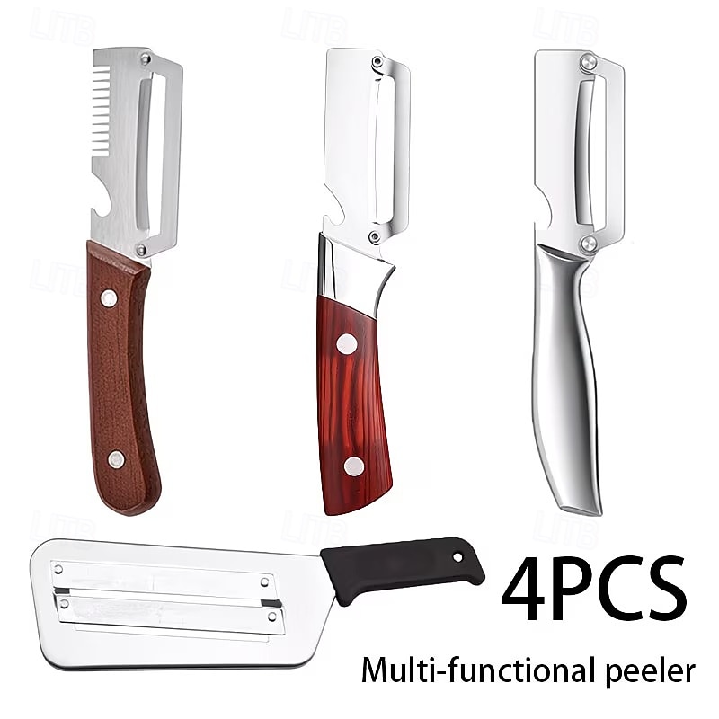 Juego de 3/4 cuchillos peladores de acero inoxidable con mango de madera, cuchillo multifuncional para pelar frutas y verduras, ideal para caña de azúcar, patatas, manzanas y para cortar en la cocina. 2026 - $23.99 –P1