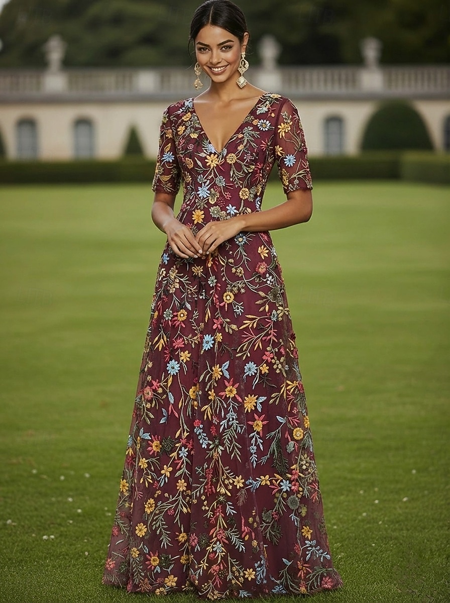 Corte A Vestidos Hasta el Suelo Vestido de Fiesta Vestido Cóctel Vestido de Madrina Media Manga Escote en Pico Elegante Vintage Lujoso Formal Invitado a la boda El derby de Kentucky Tul con Estampado 2026 - $182.99 –P11