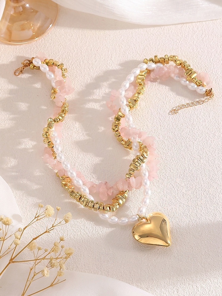 Damhalsband med lager på lager och imitationspärlor, rosa stenar och guldpärlor, elegant chokerhänge för vardagsbruk, semester, trädgårdsfest och semiformella tillfällen 2026 - $11.99 –P5
