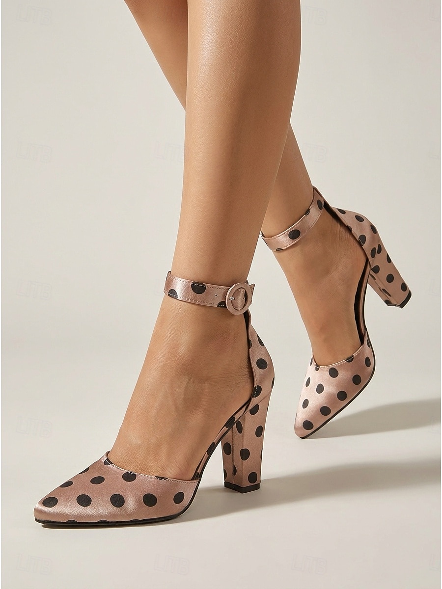 Women's Polka Dot Satin High Heels - Elegant Pointed Toe Block Heel Pumps with Ankle Strap for Daily Office Wear, Retro Parties & Chic Urban Outfits 2026 - $46.99 –P2