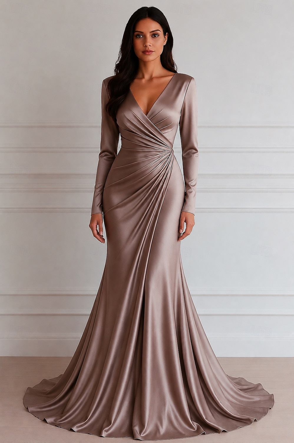 Sirena Tromba Lunghezza al pavimento Abiti da Ballo Abito da Sera Da principessa Abito formale Elegante Manica Lunga Scollo a V Matrimonio Formale Vestito Rosa Raso Elasticizzato con Pieghe del 2026 a $172.99 –P3