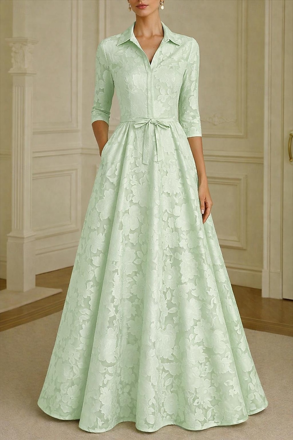 Corte A Hasta el Suelo Vestido de Camisa Vestido formal Vestido de noche Vestido de Madrina Manga Larga Cuello Camisero Elegante Vintage Formal Satén Jacquard con Lazo(s) Flor 2026 - $176.39 –P10