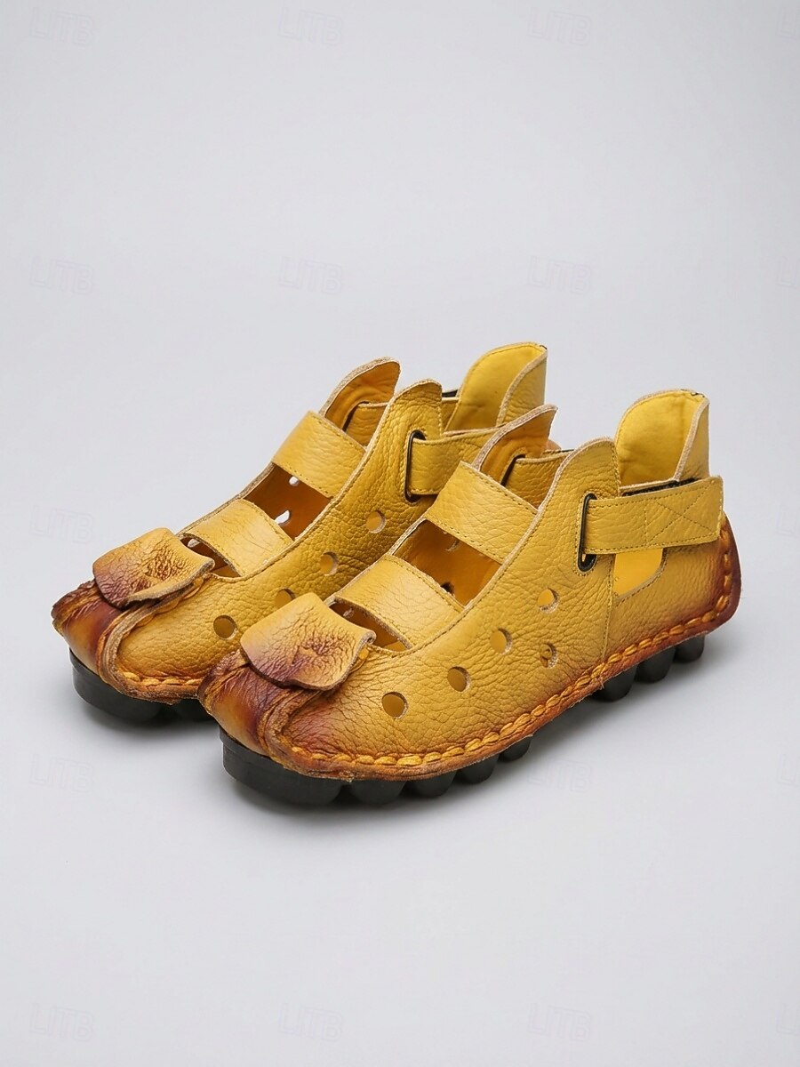 Women's Yellow Genuine Leather Closed Toe Sandals - Breathable Cutout Comfort Shoes with Magic Tape Strap for Walking, Travel, Daily Wear & Outdoor 2026 - $46.99 –P4