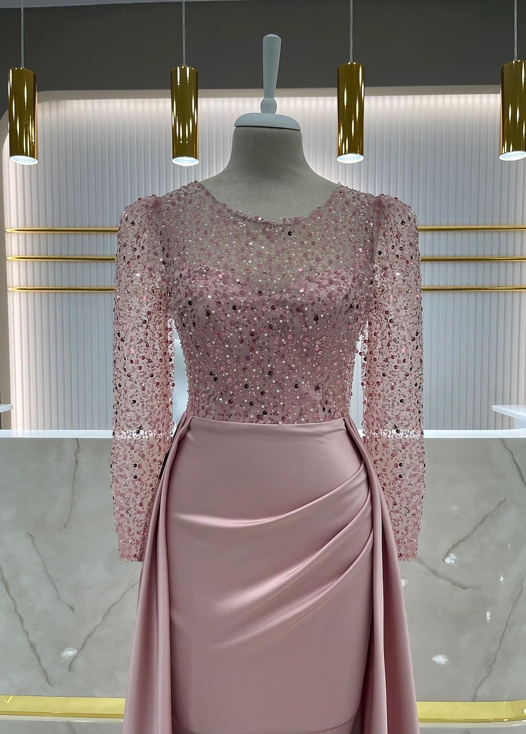 Mermaid Trumpet Floor Length Evening Gown Ball Gown with Overskirt Formal Dress Elegant Long Sleeve Illusion Neck Carnival Formal Detachable Satin Sequined with Pearls Overskirt 2026 - $206.99 –P3