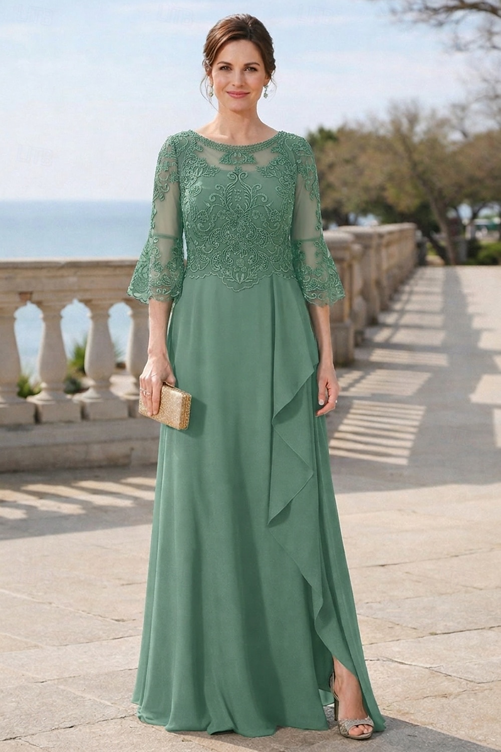 Corte A Hasta el Suelo Vestido Invitada Boda Vestido formal Vestido de noche Vestido de Madrina Manga Larga Cuello Barco Elegante Formal Invitado a la boda Noche formal Gasa con Un Color 2026 - $183.99 –P4