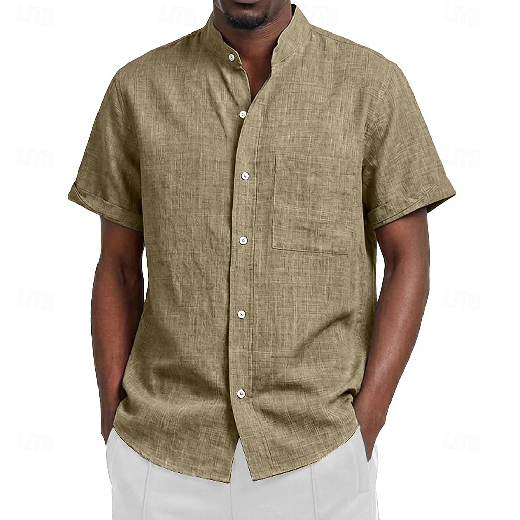 Voor heren Overhemd Linnen overhemd Zomer overhemd Strand Kleding Overhemd met bandkraag Overhemd met knopen Effen Kleur Casual Vakantie Zwart Wit Blozend Roze Oranje Korte mouw Mandarijn Kraag Zomer 2026 - $11.49 –P4
