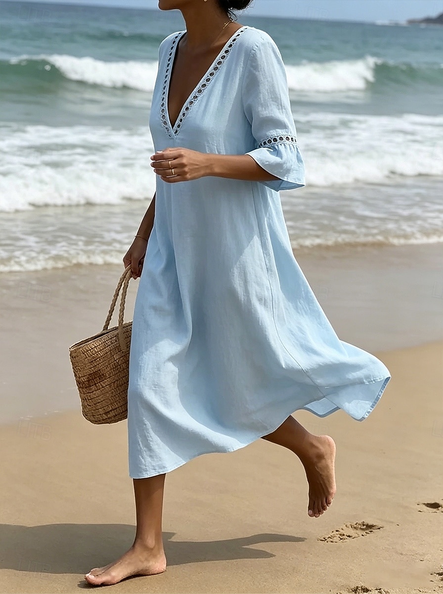 Damen Midikleid Kleider in Leinenoptik Sommerkleid Basic Klassisch Täglich Urlaub Lässiger Schnitt Einfach Halbarm V Ausschnitt Blau Weiß Hellgrün Aprikose Sommer Frühling 2026 - $31.99 –P3