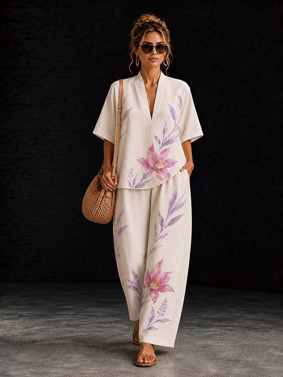 Women's Shirt Cotton Linen Sets Pants Sets Short Sleeve V Neck Floral Graphic Geometric Print Vacation Fashion Streetwear Casual Daily Outdoor Yellow Pink Dusty Rose Spring & Summer Loose Fit 2026 - $55.99 –P6