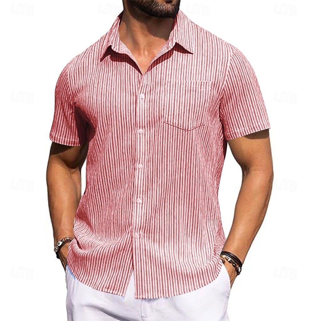 Men's Shirt Ribbed Knitted Casual Shirt Button Up Shirt Pink Navy Blue Green Light Blue Short Sleeve Vertical Stripes Shirt Collar Casual Daily Front Pocket Clothing Apparel Elegant Fashion Casual 2026 - $20.99 –P2