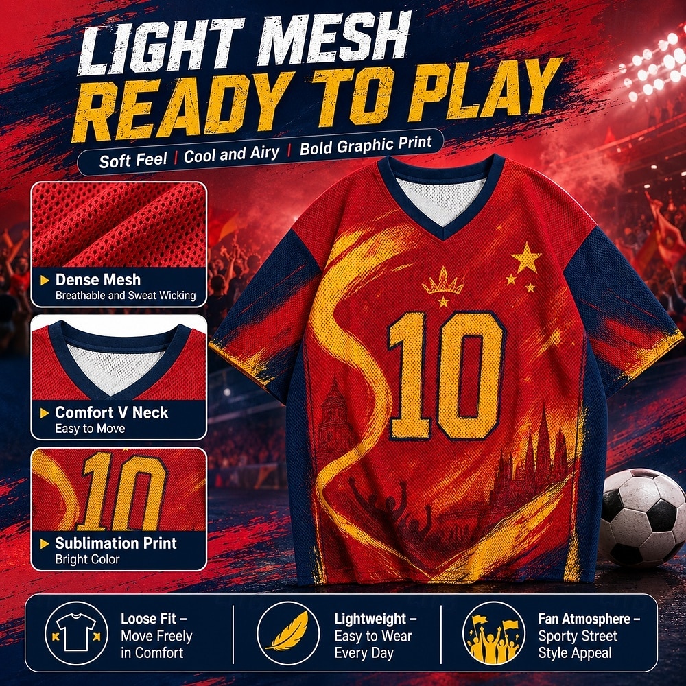 Fußball-Pokal 2026 Herren Zahlengrafik Spanien T Shirt Jersey Shirts Kurzarm T-Shirt 3D-Druck V Ausschnitt Hemd Sport Streetstyle Sport im Freien Spieltag American Football Rot 4 Rot 3 Rote Frühling 2026 - $23.99 –P1