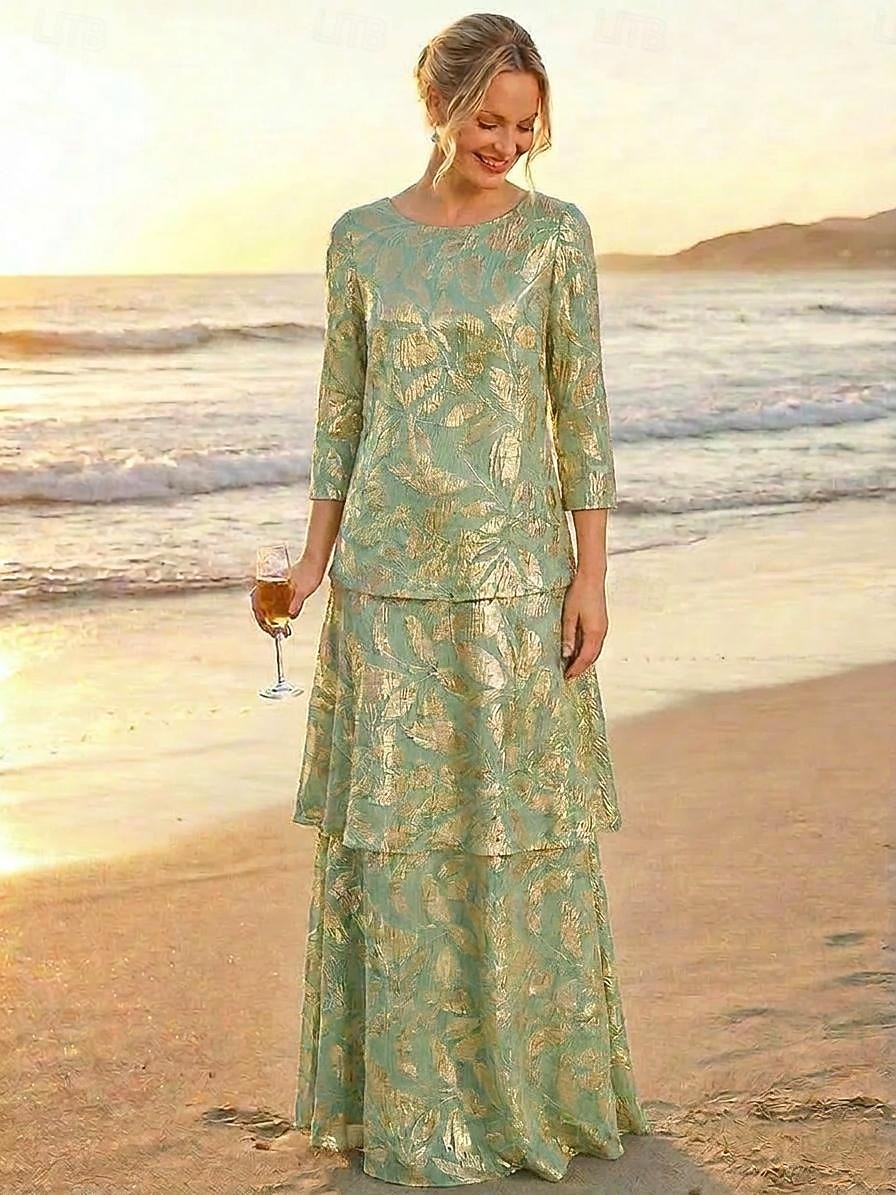 A-Line Floor Length Cocktail Dress Wedding Guest Dress Mother of the Bride Dress 3/4 Length Sleeve Crew Neck Elegant Formal Wedding Guest Semi Formal Foiled Jersey with Pleats Tier Cascading Ruffles 2026 - $171.99 –P1