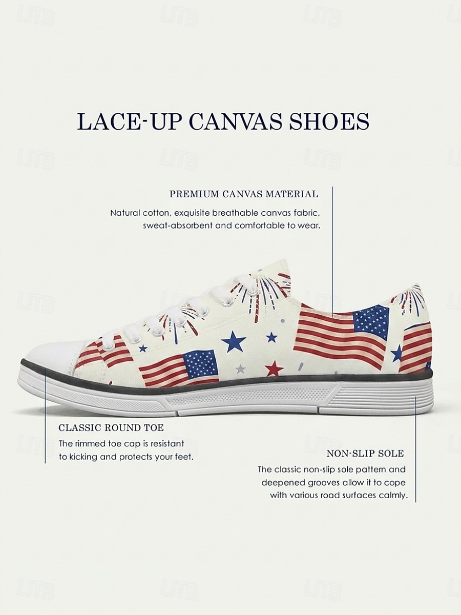 Women's White Patriotic American Flag Canvas Sneakers – Lightweight Lace-Up Walking Shoes for Independence Day, Parade, 4th of July Fireworks & USA Celebration 2026 - $46.99 –P3