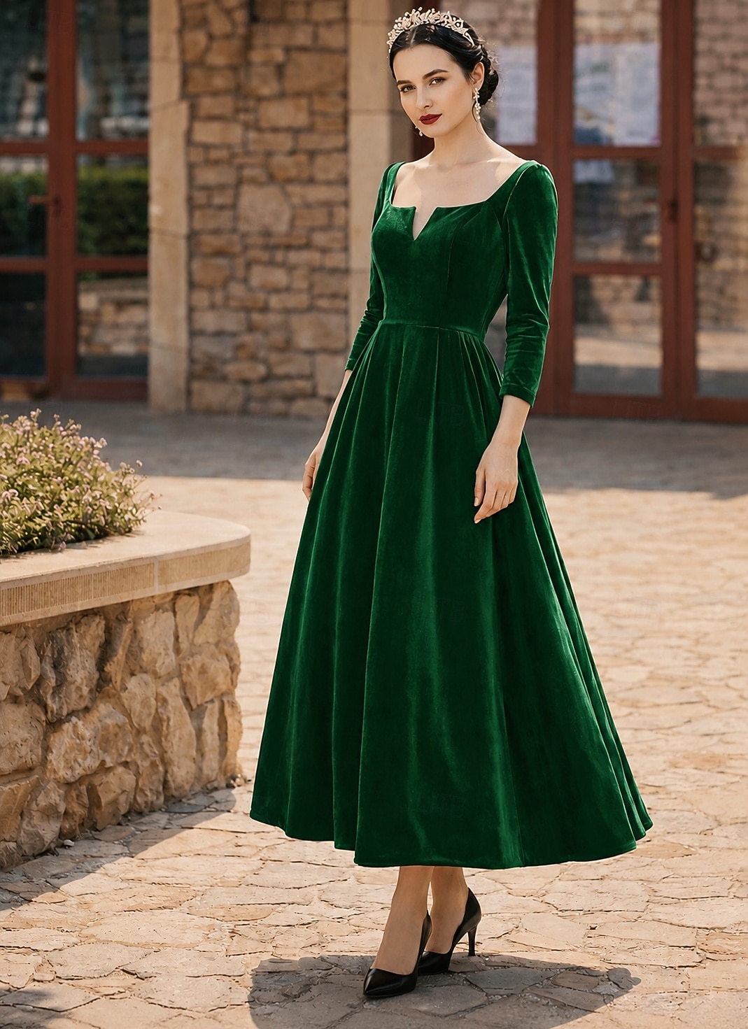 Ligne A Longueur cheville Robe de Soirée Robe de Cocktail Robe d'invité de mariage Robe de Mère de Mariée  manche longue Col en V Élégant robe demoiselle d honneur Fête de mariage Velours avec Plis de 2026 ? $160.99 –P6