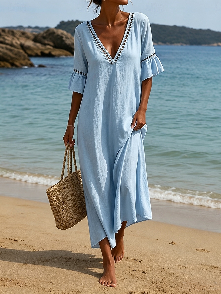 Women's Midi Dress Boho Dress Sundress Casual Dress Elegant Fashion Modern Outdoor Vacation Going out Loose Fit Plain Half Sleeve V Neck Blue Khaki White Pink Summer Spring 2026 - $21.99 –P4