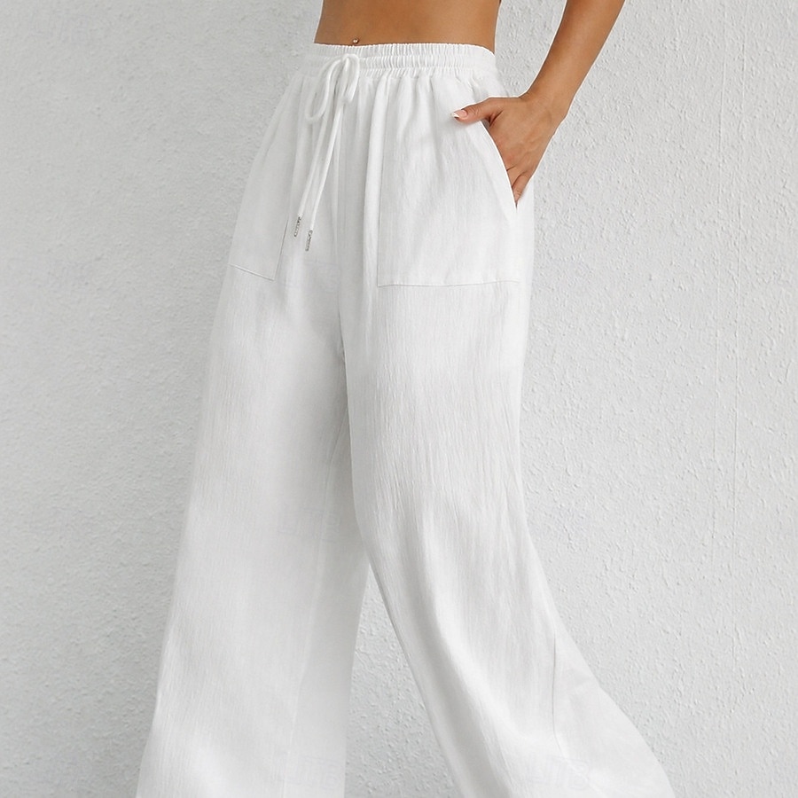 Damen Schlaghose Elegant Mode Volle Länge Hohe Taille Einfarbig Kordelzug Komfort Unelastisch Lässig Urlaub Schwarz Weiß Himmelblau Kamel Sommer Frühling Lässiger Schnitt 2026 - $27.99 –P3