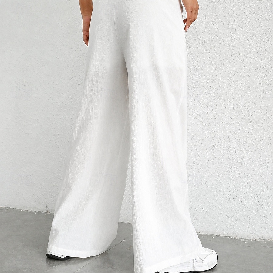 Damen Schlaghose Elegant Mode Volle Länge Hohe Taille Einfarbig Kordelzug Komfort Unelastisch Lässig Urlaub Schwarz Weiß Himmelblau Kamel Sommer Frühling Lässiger Schnitt 2026 - $27.99 –P2