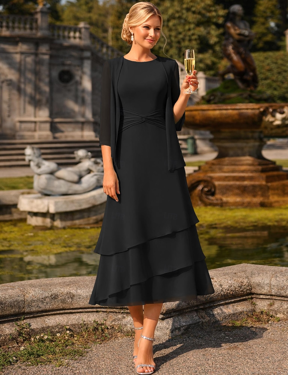 Sheath Column Tea Length Wedding Guest Dress Mother of the Bride Dress 3/4 Length Sleeve Jewel Neck Elegant Wedding Guest Chiffon Wrap Included with Ruching 2026 - $160.99 –P18