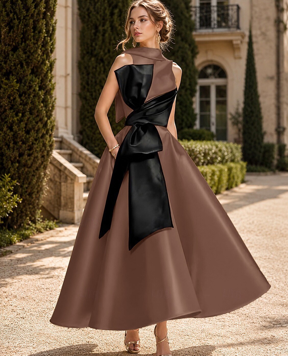 Linha A Longuette Vestidos de cocktail Vestidos de festa Elegante Sedoso Sem Manga Gola Redonda Casamento Formal Bolsos Cetim com Laço(s) Miçangas de 2026 por $149.99 –P14
