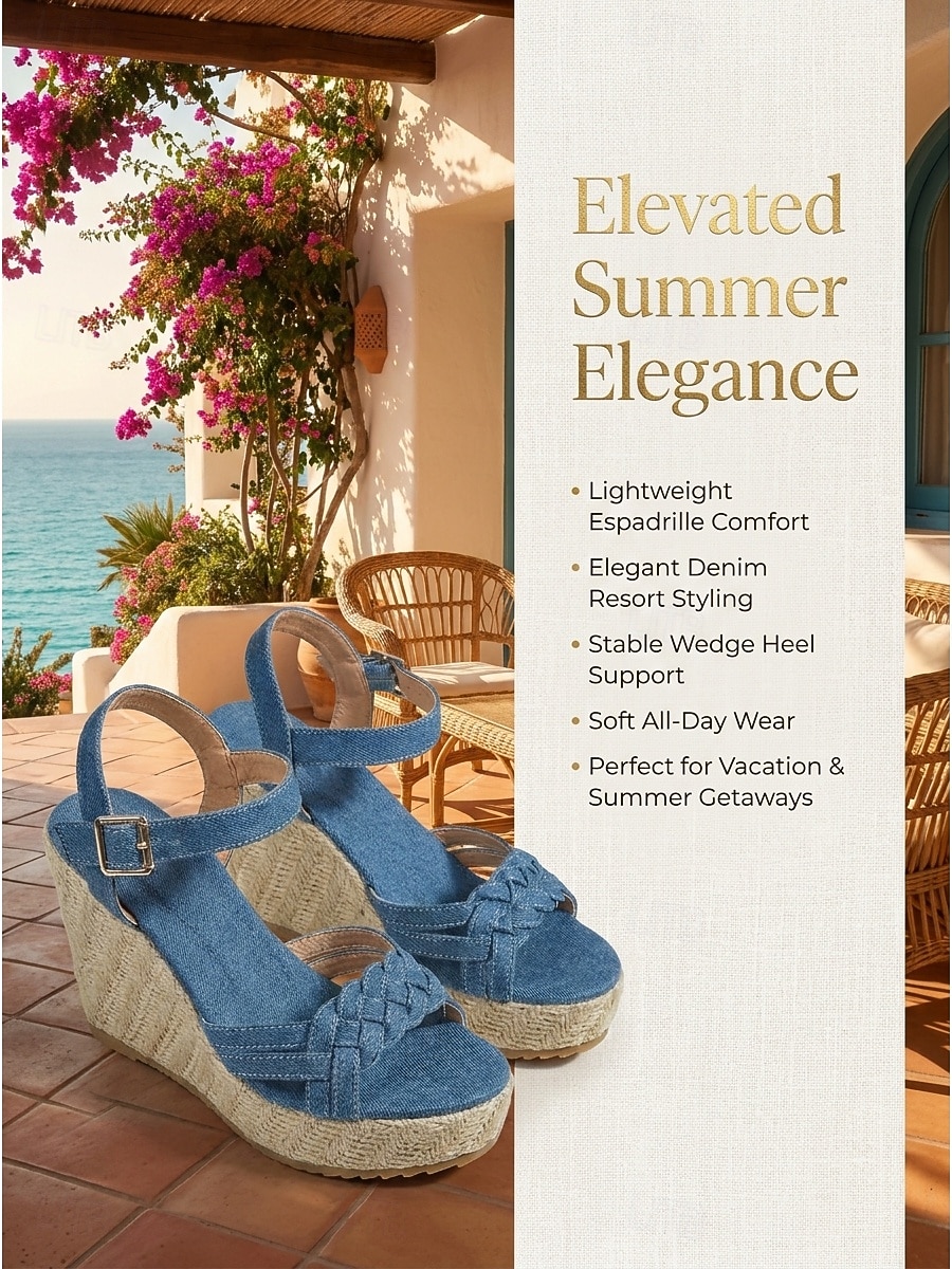 Sandale cu platformă pentru femei, din denim albastru - tocuri cu platformă, tip espadrile, cu barete împletite, și cataramă la gleznă, pentru vacanțe de lux în croazieră, ținute de resort tropical 2026 - $32.99 –P3