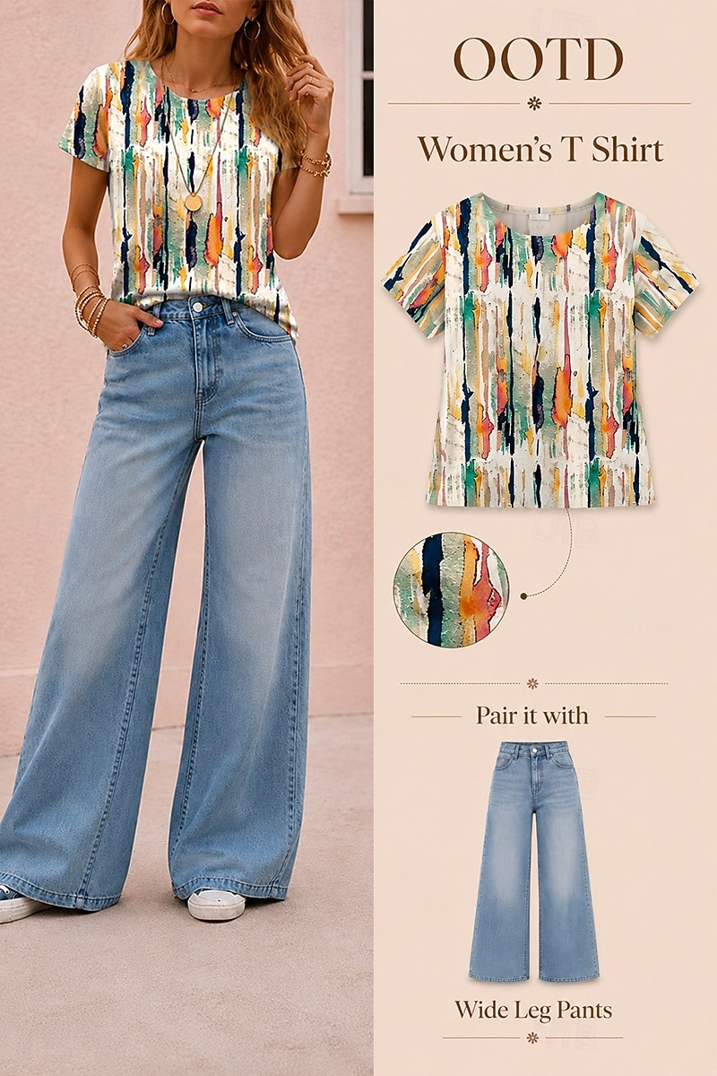 Women's T Shirt Print Graphic Geometric Striped Vintage Stylish Classic Short Sleeve Crew Neck Regular Tops Daily Blue Black White Royal Blue Purple Summer Spring 2026 - $7.99 –P3