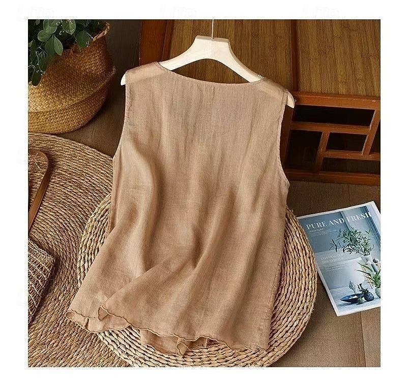 Per donna Gilet in cotone e lino Arricciato Ricamato Tinta unica Elegante Senza Maniche Senza maniche Scollo Tondo Top Regolari Bianco Rosa Viola Kaki Estate Primavera del 2026 a $13.99 –P3