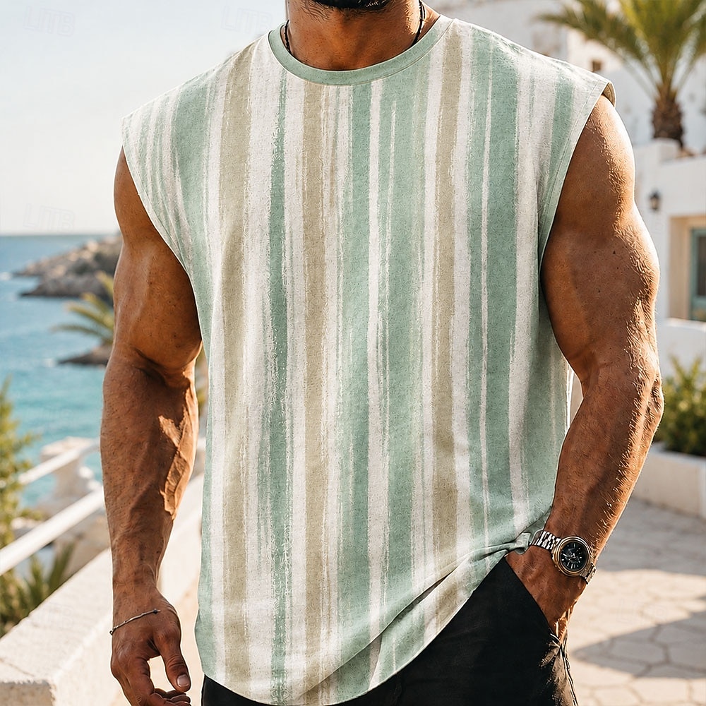 Men's Boho Striped Undershirt Sleeveless T shirt 3D Print Crew Neck Shirt Vacation Tropical Fashion Daily Holiday Green 1# Green 2# Green 3# Spring & Summer Clothing Apparel S M L XL 2XL 3XL 2026 - $17.99 –P2