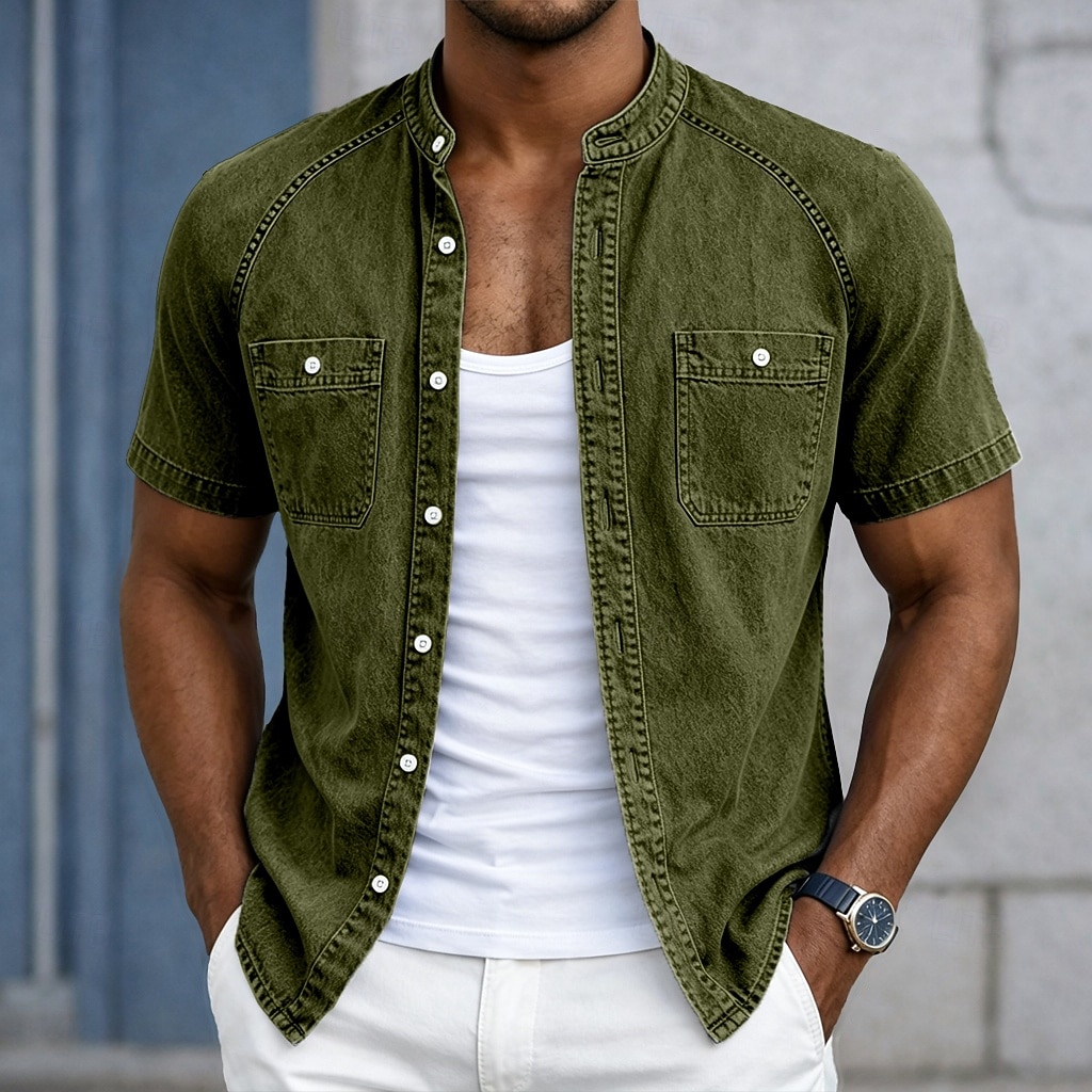 Chemise Homme SoftFade™ Chemise Décontractée Chemise Décolorée Teinte Vêtements 100% Coton Chemise Délavée Bleue Noire Rose Violet Verte Manches Courtes Col Grandad Uni Quotidien Patchwork de 2026 ? $31.99 –P5