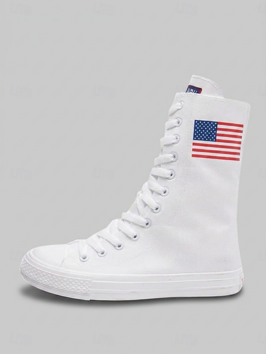 Damskie białe, patriotyczne, wysokie trampki z płótna – sznurowane buty z płótna z flagą USA na Dzień Niepodległości i paradę &swobodny strój uliczny 2026 - $42.99 –P3