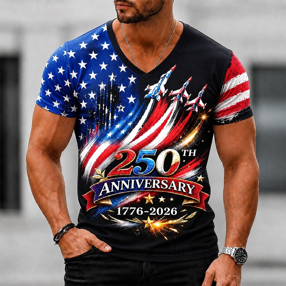 4th of July 2026 250th Men's American US Flag T Shirt Short Sleeve T shirt 3D Print V Neck Shirt Patriotic Daily Festival Blue Black White Spring & Summer Clothing Apparel S M L XL XXL XXXL 2026 - $18.99 –P4
