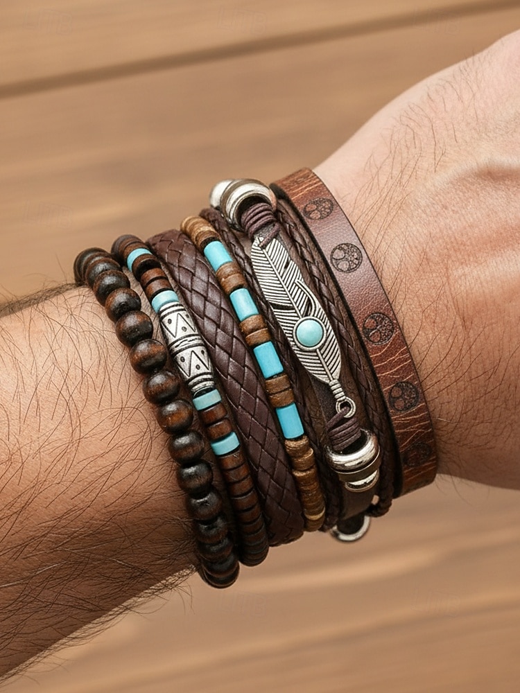 6-teiliges Boho-Armbandset für Herren aus Leder – Vintage-Holzperlen &Armbänder mit Federanhänger aus Silberlegierung, stapelbar, für sommerlichen Strandurlaub und lässige Alltagskleidung 2026 - E£578.65 –P2