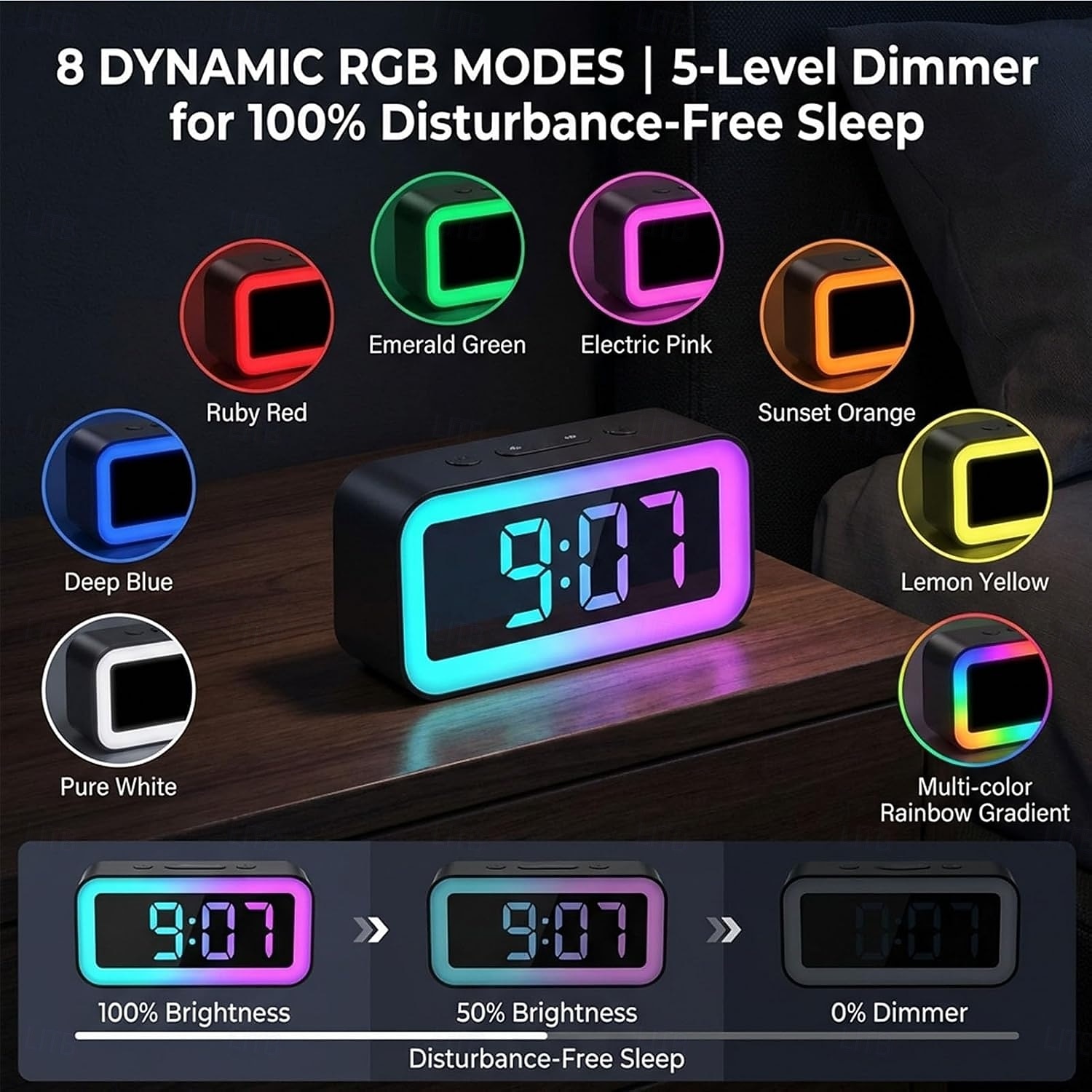 digitális ébresztőóra, LED kijelzős digitális óra, 90 dB-es hangos ébresztő RGB éjszakai fény, kettős ébresztő szundi funkcióval, állítható fényerő hálószobába 2026 - $50.99 –P6