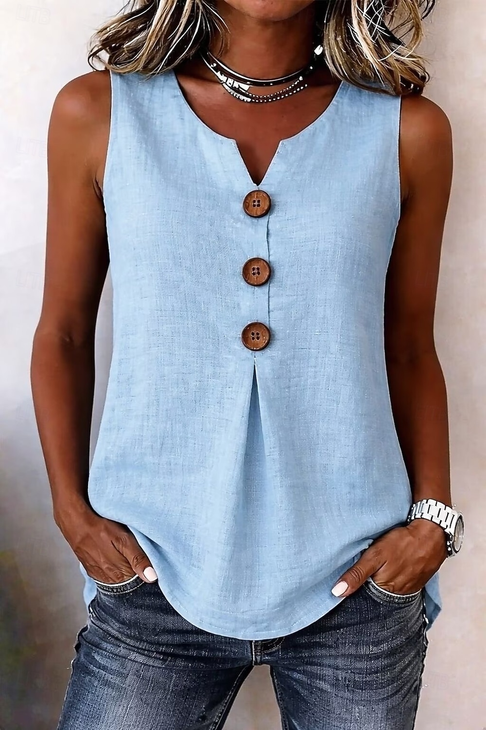 Mujer Blusa Color sólido Vintage Elegante Básico Sin Mangas Escote en Pico Tops largos Casual Diario Azul Piscina Blanco Rojo Naranja Verde Trébol Verano Primavera 2026 - $10.49 –P8