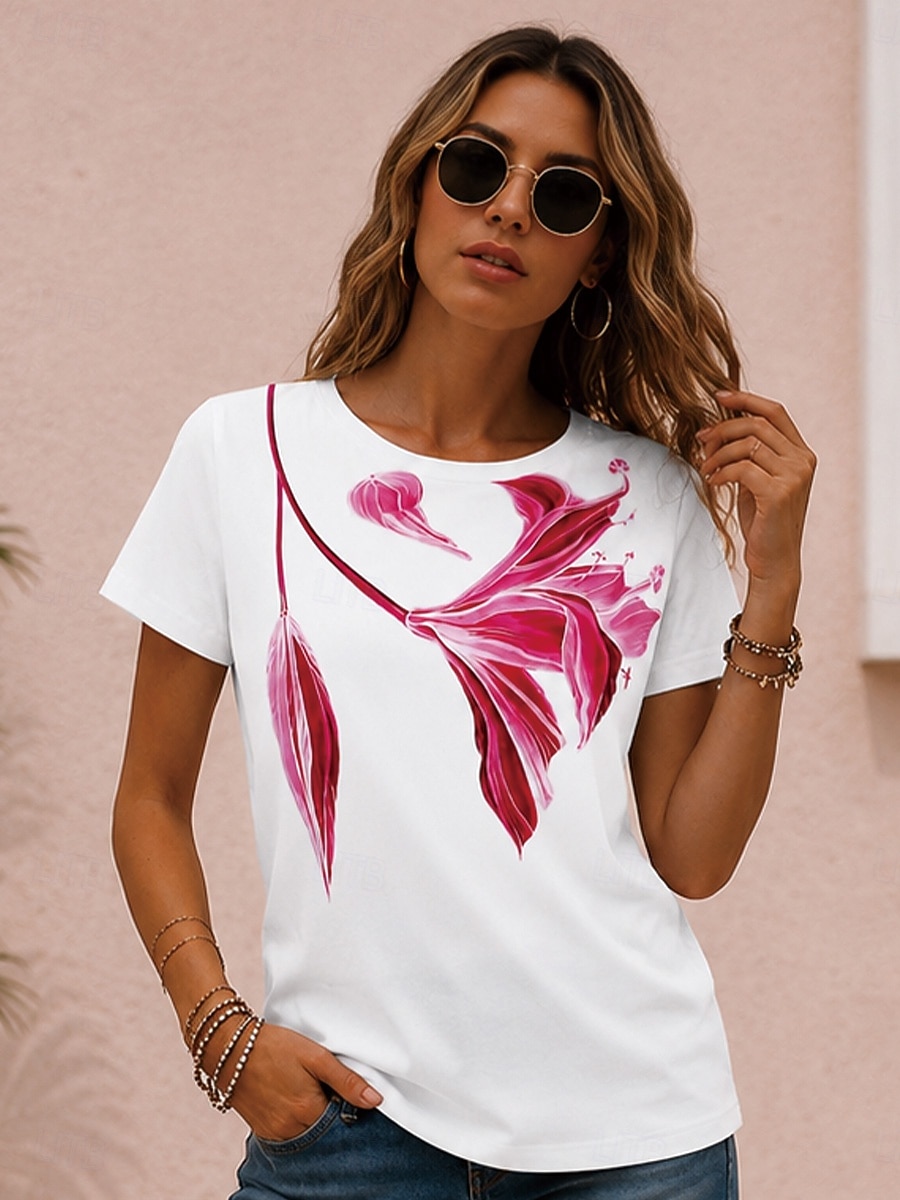 Women's T Shirt Print Floral Graphic Plants Bohemia Hawaiian Stylish Short Sleeve Crew Neck Round Neck Regular Tops Casual Daily White White 2 White 3 Summer Spring Fall Winter 2026 - $21.99 –P1