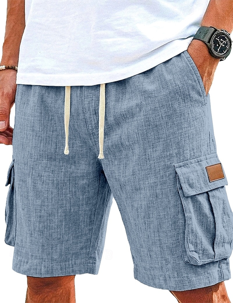 Men's Shorts Linen Shorts Summer Shorts Beach Shorts Drawstring Elastic Waist Multi Pocket Plain Comfort Breathable Knee Length Casual Daily Outdoor Vacation Fashion Blue Khaki Inelastic 2026 - $24.99 –P5