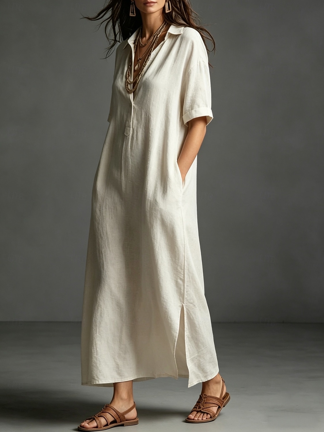 Women's Maxi long Dress Linen Dresses Elegant Vacation Loose Fit Plain Short Sleeve Shirt Collar Summer 2026 - $33.99 –P2