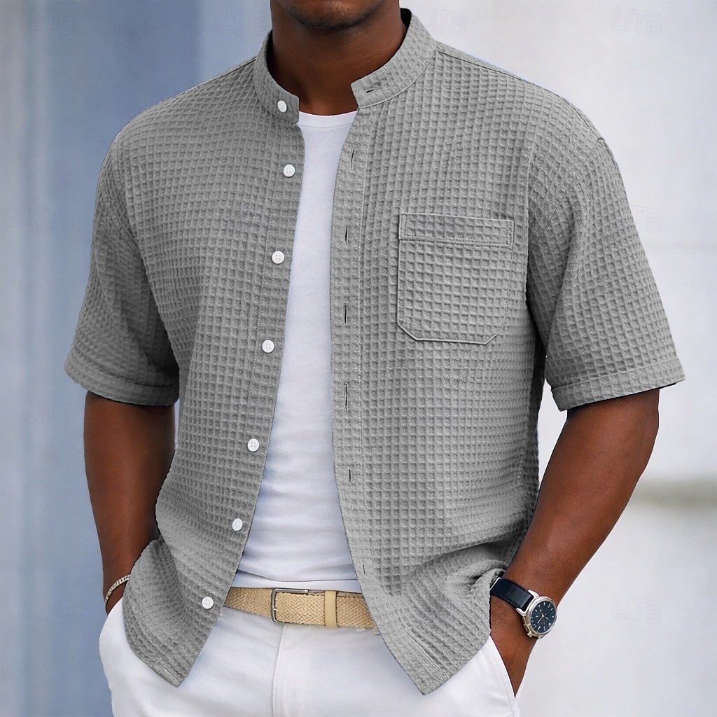 Men's Shirt Waffle Shirt Casual Shirt Button Up Shirt Black Light Green Navy Blue Purple Military Green Short Sleeve Plain Grandad Collar Casual Daily Front Pocket Clothing Apparel Elegant Fashion 2026 - $28.99 –P1