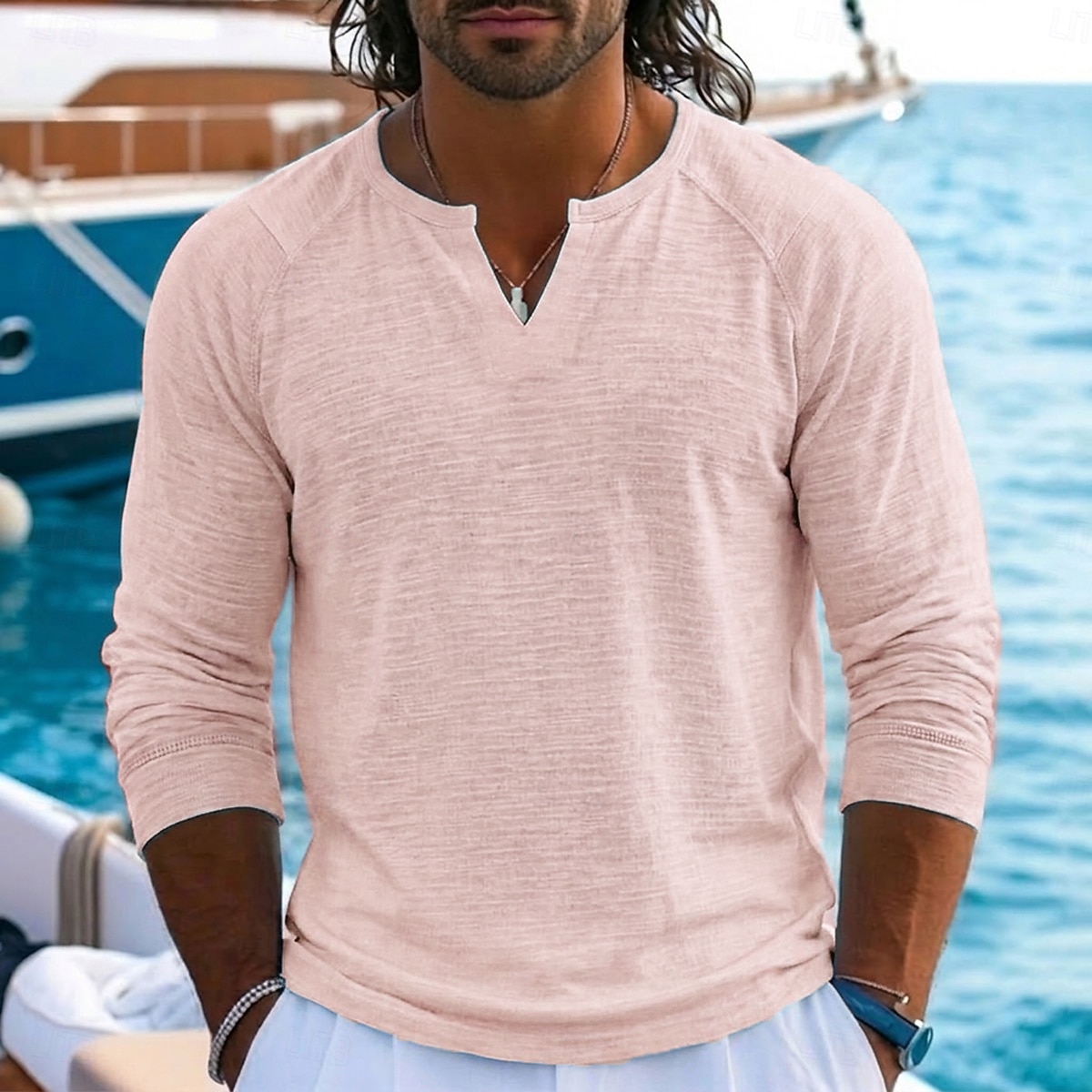 Men's Linen T-Shirt Long Sleeve V Neck Notched Spring & Summer Summer Spring Solid Color Plain Vintage Bohemian Casual See Through Raglan Sleeves Casual Vacation Street Black White Light Green Top 2026 - $20.99 –P6