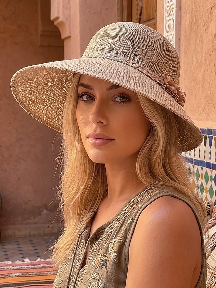 Chapéu de sol feminino boho de palha - chapéu de praia de verão com aba larga e decoração de flor 3D, fedora respirável em poliéster trançado para férias e uso casual diário. &Proteção solar, várias de 2026 por $11.99 –P3