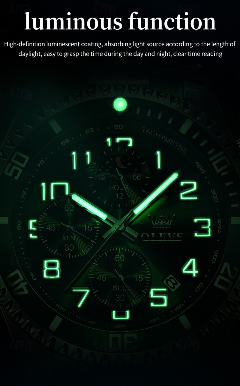 OLEVS Men's Chronograph Watch Luxury Green Face Two Tone Stainless Steel Moon Phase Waterproof Luminous Analog Quartz Wrist Watch for Men Big Face Fashion Sport Business Watch Gifts for Him 2026 - $39.99 –P9