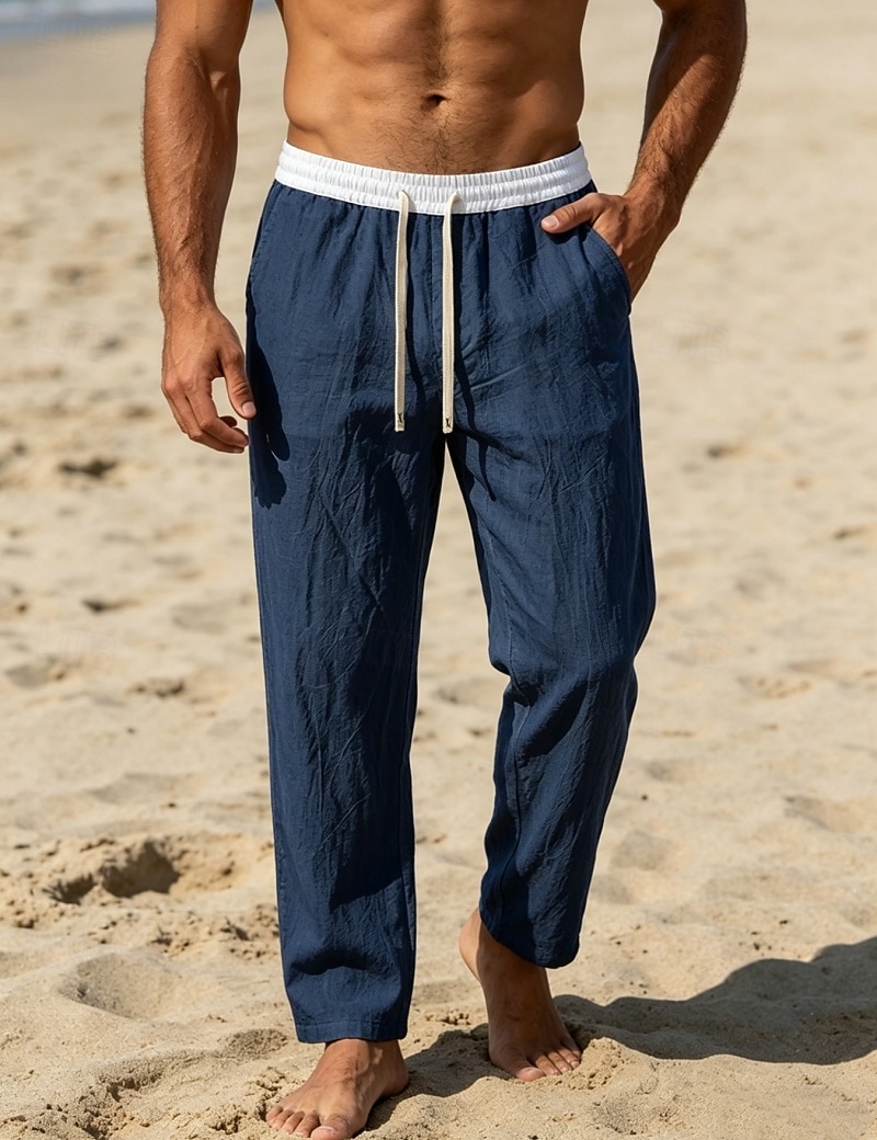 Men's Linen Pants Trousers Summer Pants Beach Pants Drawstring Pocket Elastic Waist Color Block Comfort Breathable Knee Length Daily Outdoor Beach Vacation Fashion Black White Inelastic 2026 - $26.99 –P13