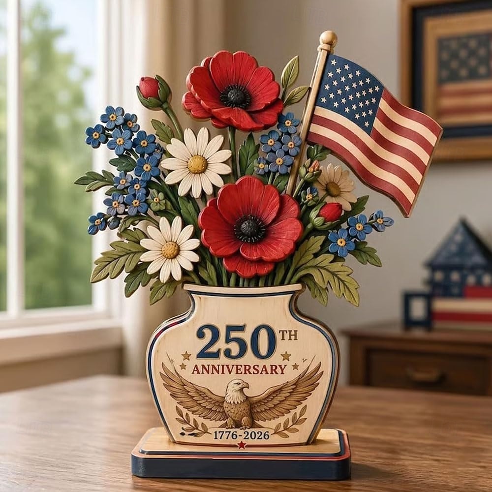 250. évfordulós hazafias virágmintás fa tömb asztaldísz, kézzel készített hazafias fa díszek, amerikai zászlós sas virágmintás asztaldísz, július 4-i asztaldekoráció 2026 - $25.99 –P2